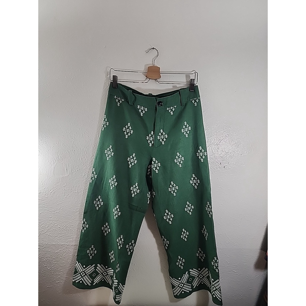 Zara Women's Linen Blend Embroidered High Rise Wide-Leg Crop Pants Size M